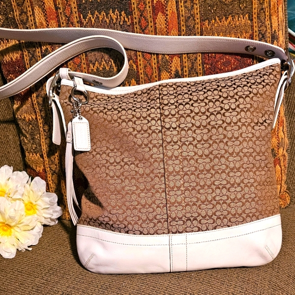 Coach Handbags - Coach White Leather Tan Logo Adjustable Crossbody Shoulder Bag NWOT